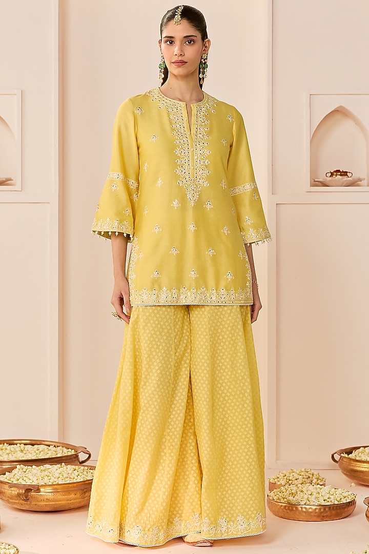Lemon Yellow Chanderi Silk Brasso Wedding Sharara Set by Sheetal Batra at Pernia's Pop Up Shop