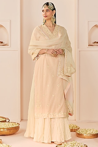 Carnation Pink Pure Cotton Crushed Skirt Set by Sheetal Batra