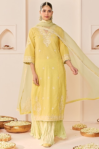 Lemon Yellow Pure Cotton Crushed Skirt Set by Sheetal Batra