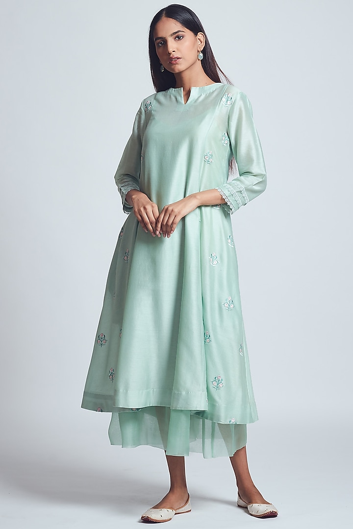 Mint Green Floral Embroidered Dress With Slip by Sheetal Batra