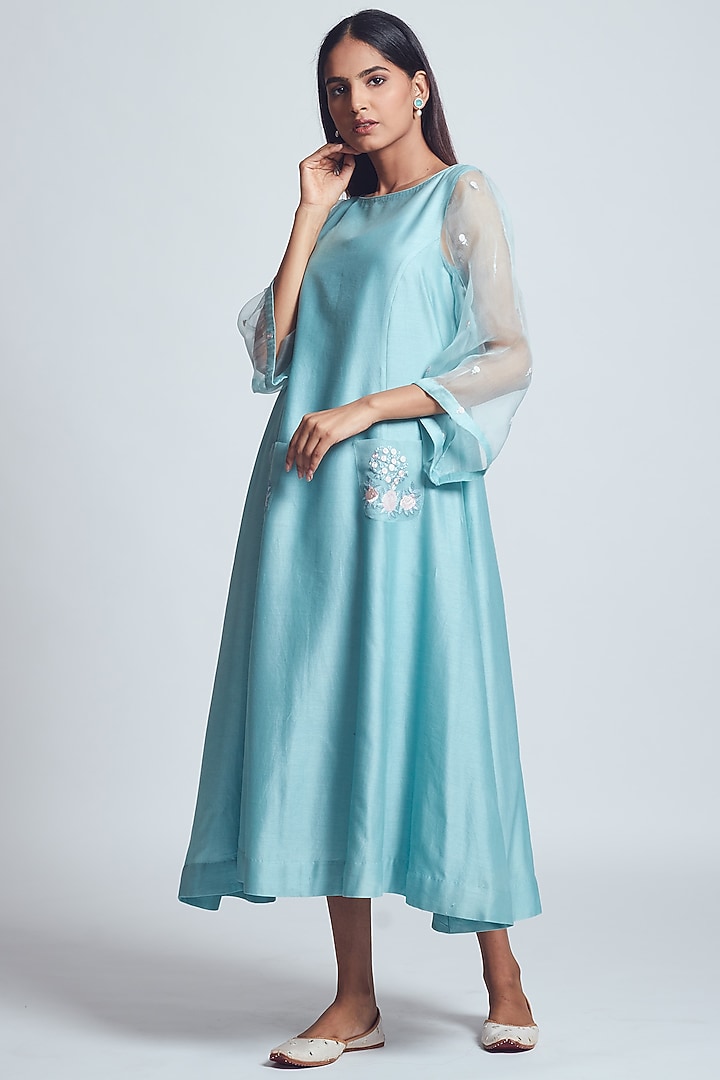 Turquoise Rose Embroidered Summer Dress With Slip by Sheetal Batra at Pernia's Pop Up Shop