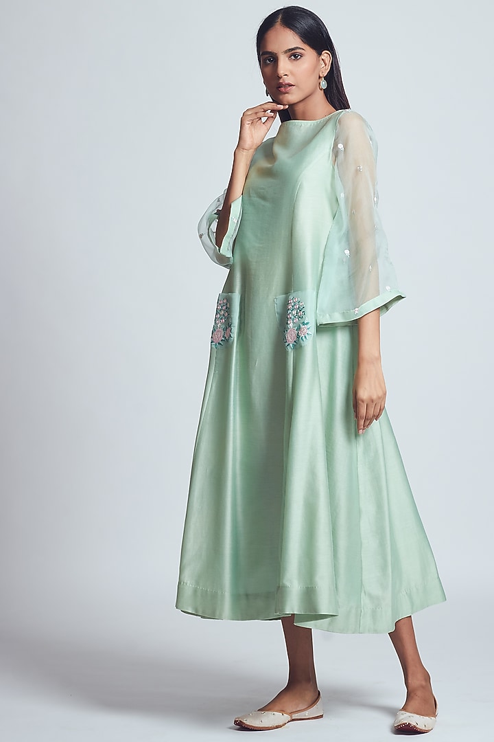 Mint Green Rose Embroidered Summer Dress With Slip by Sheetal Batra at Pernia's Pop Up Shop