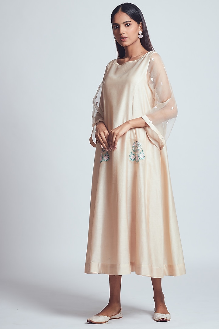 Beige Rose Embroidered Dress With Slip by Sheetal Batra at Pernia's Pop Up Shop