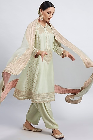 Mint Green Tilla Embroidered Kurta Set by Sheetal Batra