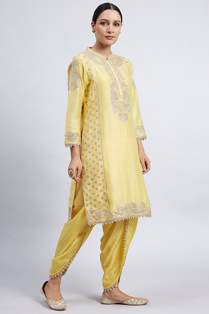 Daffodil Yellow Embroidered Kurta With Dhoti by Sheetal Batra at Pernia's Pop Up Shop