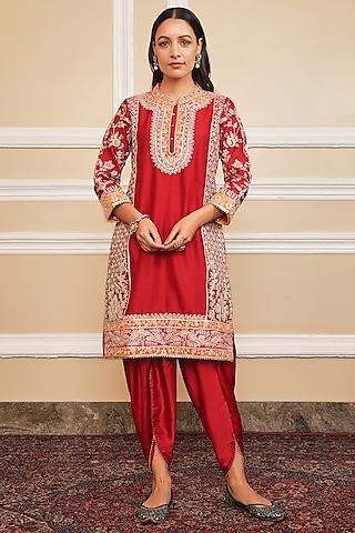Deep Red Bemberg Satin Dhoti Set by Sheetal Batra