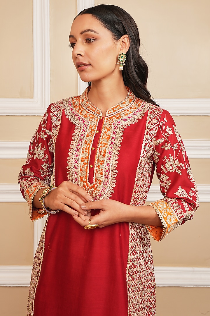Deep Red Bemberg Satin Dhoti Set by Sheetal Batra at Pernia's Pop Up Shop