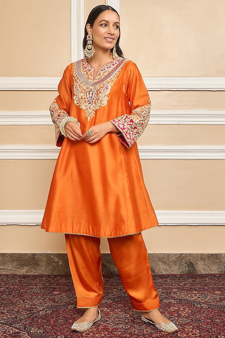 Orange Silk Chanderi Embroidered Kurta Set by Sheetal Batra