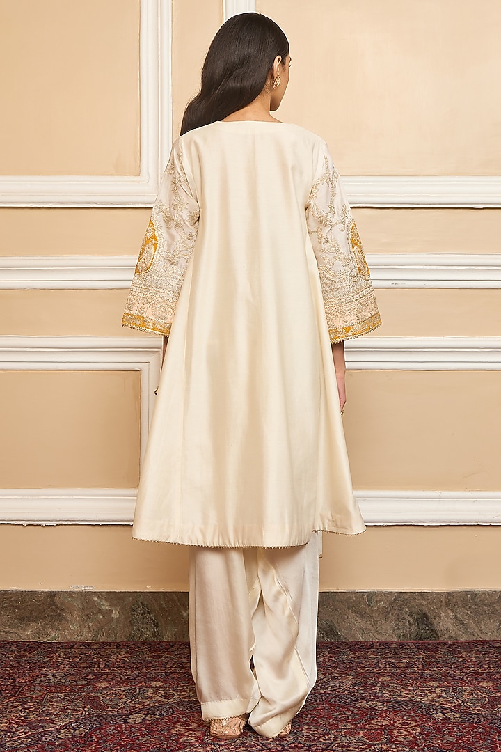 Embroidered Ivory Chanderi Silk Kurta Set with Tulip Pants