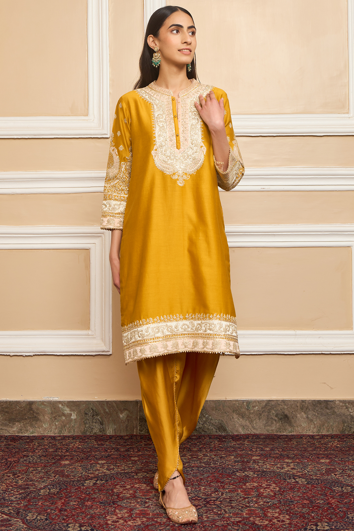 Glaze Mustard Bemberg Satin Dhoti Set by Sheetal Batra at Pernia's Pop Up Shop