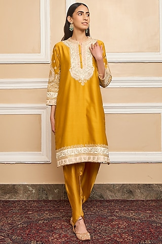 Glaze Mustard Bemberg Satin Dhoti Set by Sheetal Batra