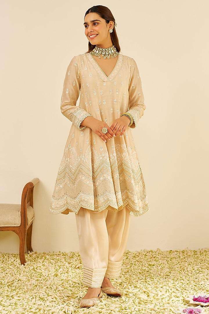 Beige Chanderi Silk Parsi Gara Embroidered Short Kalidar Wedding Anarkali Set by Sheetal Batra at Pernia's Pop Up Shop
