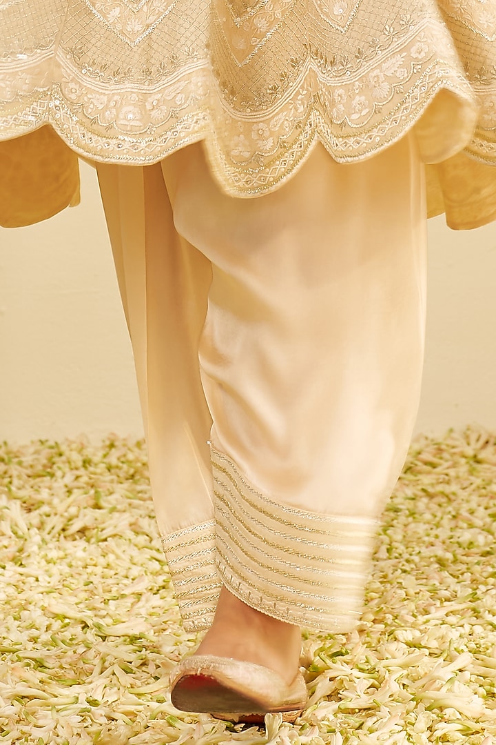 Beige Chanderi Silk Parsi Gara Embroidered Short Kalidar Wedding Anarkali Set by Sheetal Batra at Pernia's Pop Up Shop