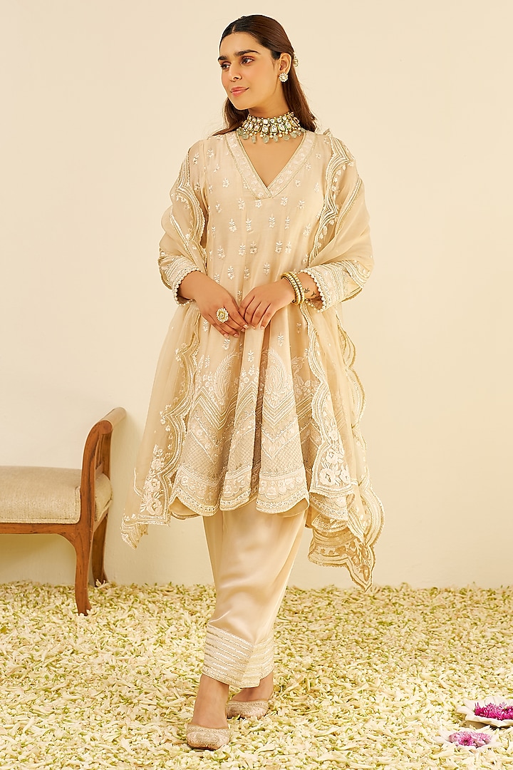 Beige Chanderi Silk Parsi Gara Embroidered Short Kalidar Wedding Anarkali Set by Sheetal Batra at Pernia's Pop Up Shop