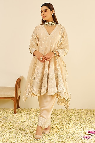 Beige Chanderi Silk Parsi Gara Embroidered Short Kalidar Anarkali Set by Sheetal Batra