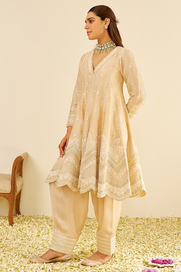 Beige Chanderi Silk Parsi Gara Embroidered Short Kalidar Wedding Anarkali Set by Sheetal Batra at Pernia's Pop Up Shop