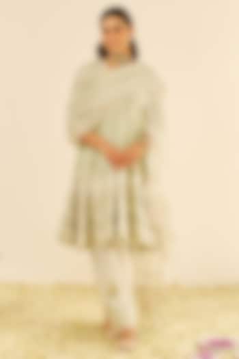 Mint Green Chanderi Silk Parsi Gara Embroidered Short Kalidar Wedding Anarkali Set by Sheetal Batra at Pernia's Pop Up Shop