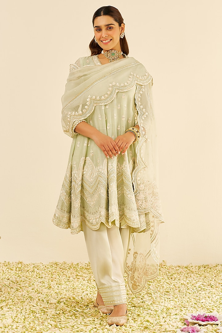 Mint Green Chanderi Silk Parsi Gara Embroidered Short Kalidar Wedding Anarkali Set by Sheetal Batra at Pernia's Pop Up Shop