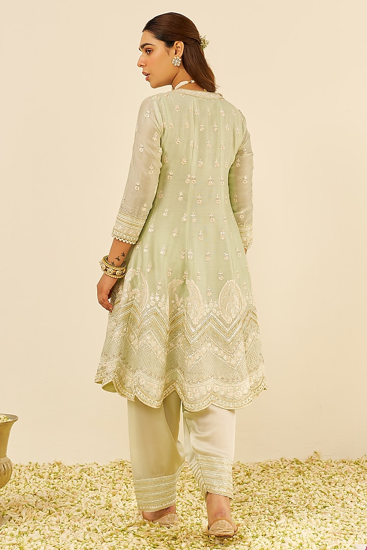 Mint Green Chanderi Silk Parsi Gara Embroidered Short Kalidar Wedding Anarkali Set by Sheetal Batra at Pernia's Pop Up Shop