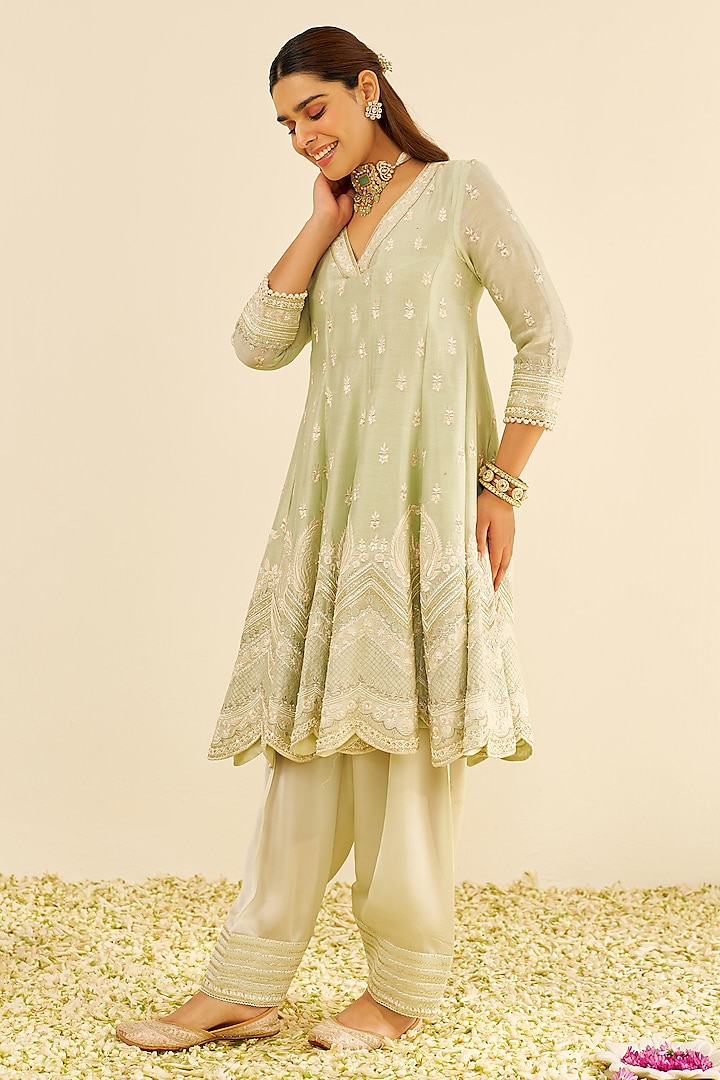 Mint Green Chanderi Silk Parsi Gara Embroidered Short Kalidar Wedding Anarkali Set by Sheetal Batra at Pernia's Pop Up Shop