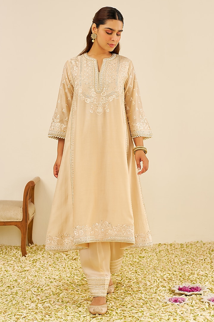 Beige Chanderi Silk Parsi Gara Embroidered A-Line Kurta Set by Sheetal Batra at Pernia's Pop Up Shop