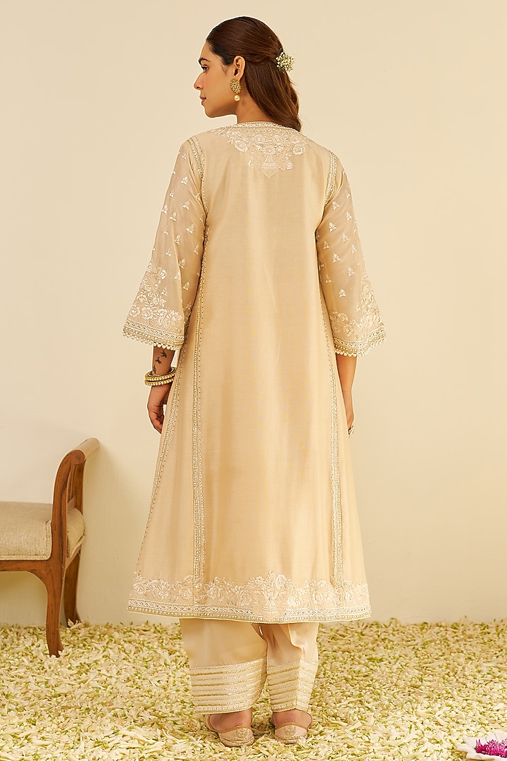 Beige Chanderi Silk Parsi Gara Embroidered A-Line Kurta Set by Sheetal Batra at Pernia's Pop Up Shop