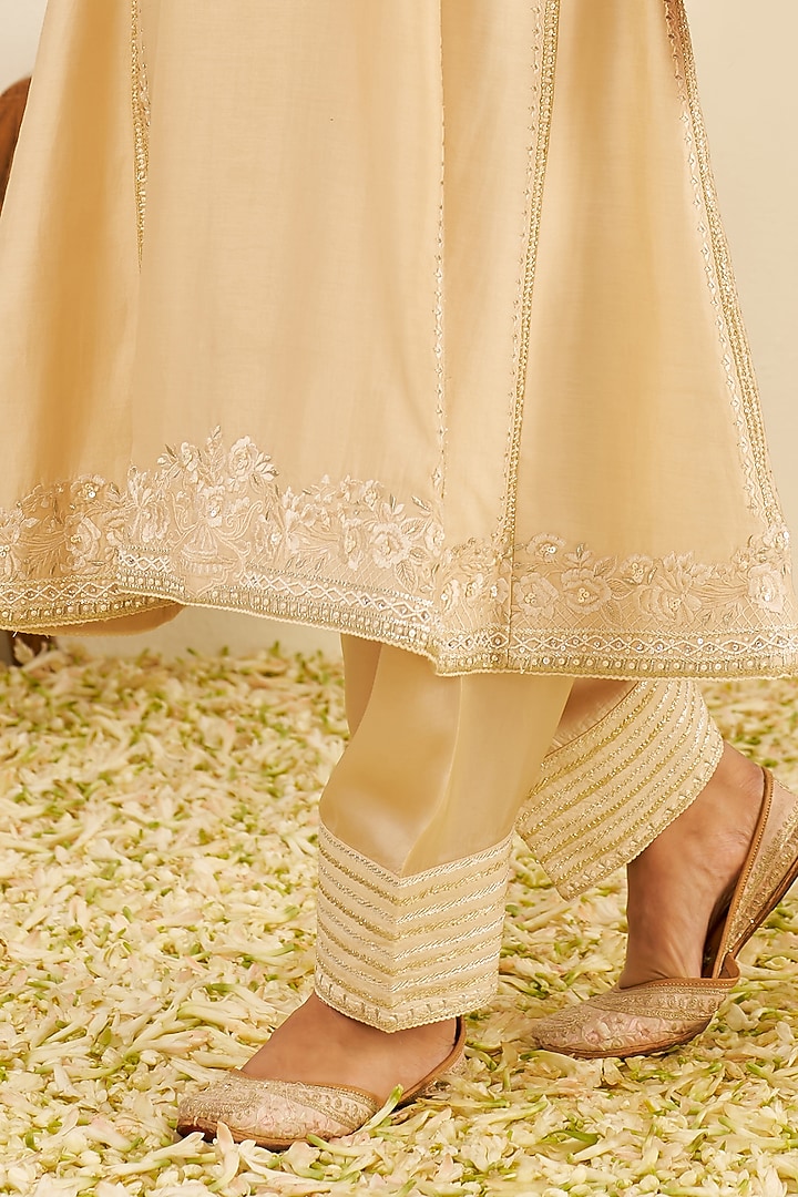 Beige Chanderi Silk Parsi Gara Embroidered A-Line Kurta Set by Sheetal Batra at Pernia's Pop Up Shop