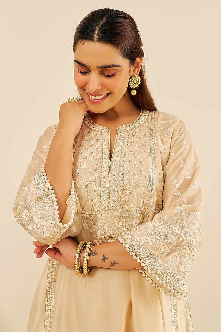 Beige Chanderi Silk Parsi Gara Embroidered A-Line Kurta Set by Sheetal Batra at Pernia's Pop Up Shop