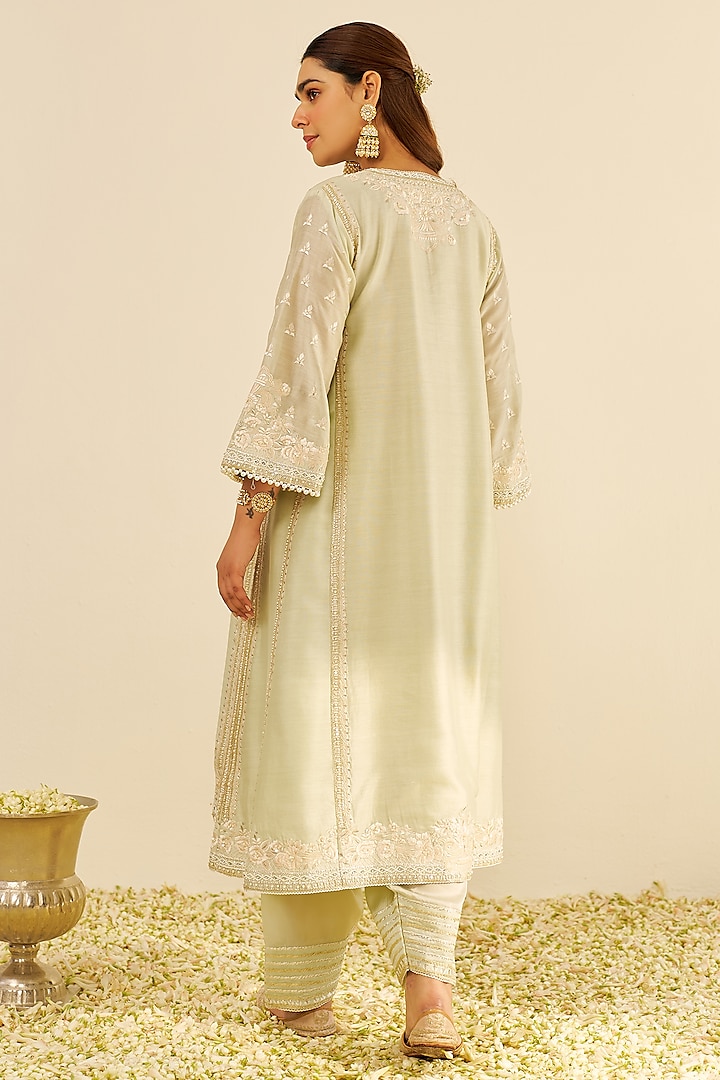 Mint Green Chanderi Silk Parsi Gara Embroidered A-Line Kurta Set by Sheetal Batra at Pernia's Pop Up Shop