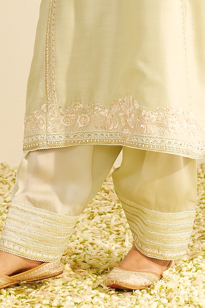 Mint Green Chanderi Silk Parsi Gara Embroidered A-Line Kurta Set by Sheetal Batra at Pernia's Pop Up Shop