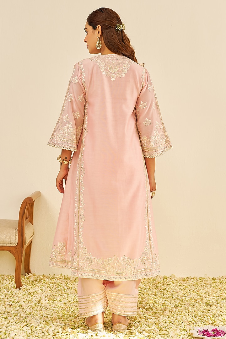 Blush Pink Chanderi Silk Parsi Gara Embroidered Kurta Set by Sheetal Batra at Pernia's Pop Up Shop