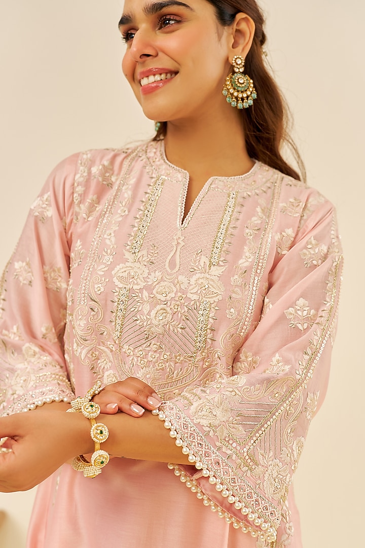 Blush Pink Chanderi Silk Parsi Gara Embroidered Kurta Set by Sheetal Batra at Pernia's Pop Up Shop