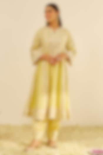 Lemon Yellow Chanderi Silk Parsi Gara Embroidered Kurta Set by Sheetal Batra at Pernia's Pop Up Shop