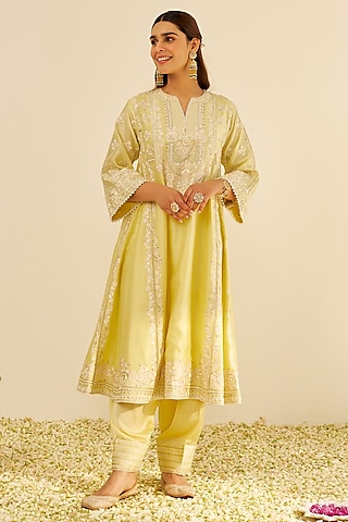 Lemon Yellow Chanderi Silk Parsi Gara Embroidered Kurta Set by Sheetal Batra
