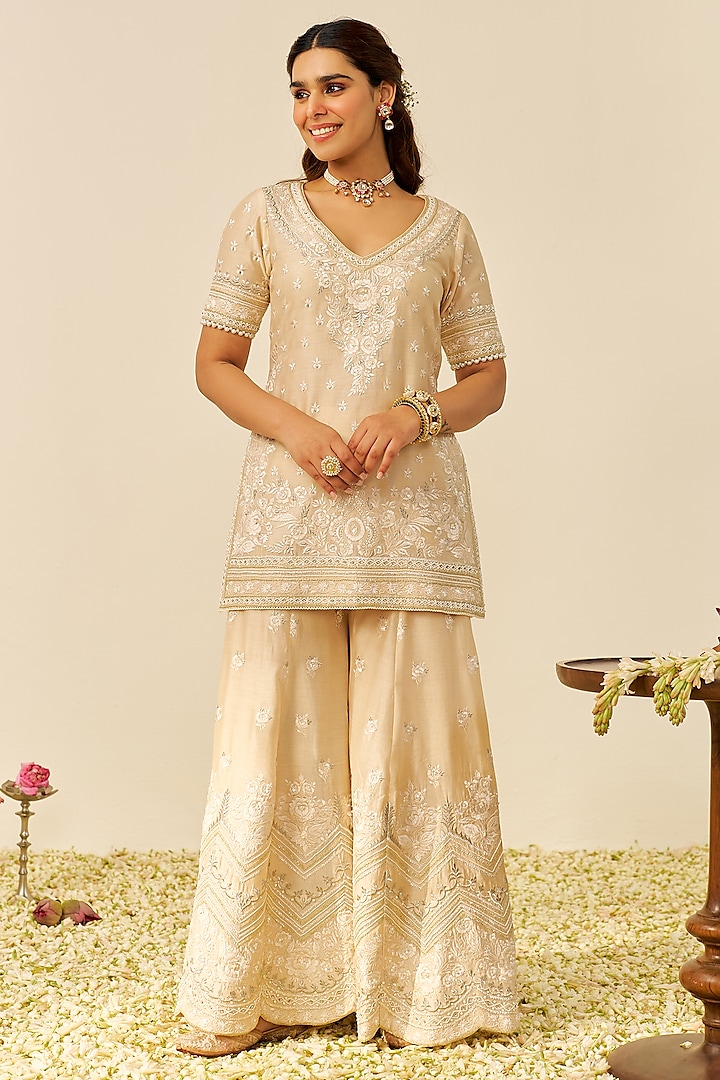 Beige Silk Chanderi Parsi Gara Embroidered Wedding Sharara Set by Sheetal Batra at Pernia's Pop Up Shop