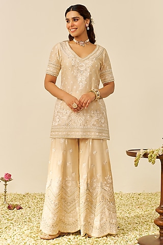 Beige Silk Chanderi Parsi Gara Embroidered Sharara Set by Sheetal Batra