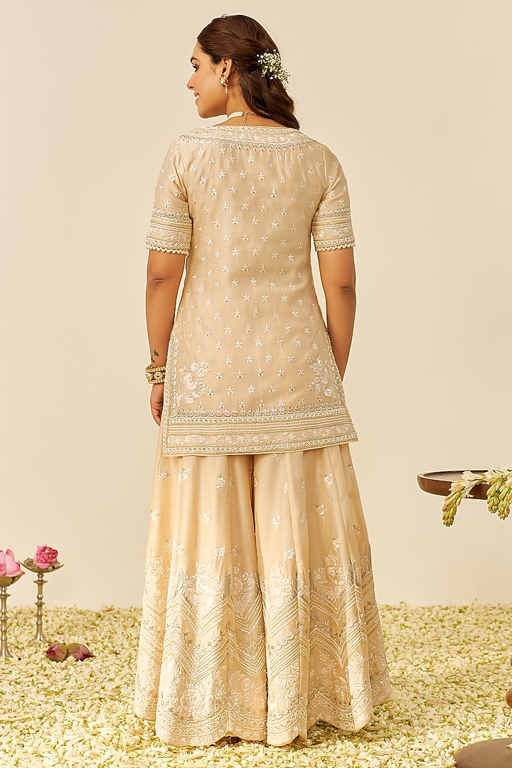 Beige Silk Chanderi Parsi Gara Embroidered Wedding Sharara Set by Sheetal Batra at Pernia's Pop Up Shop
