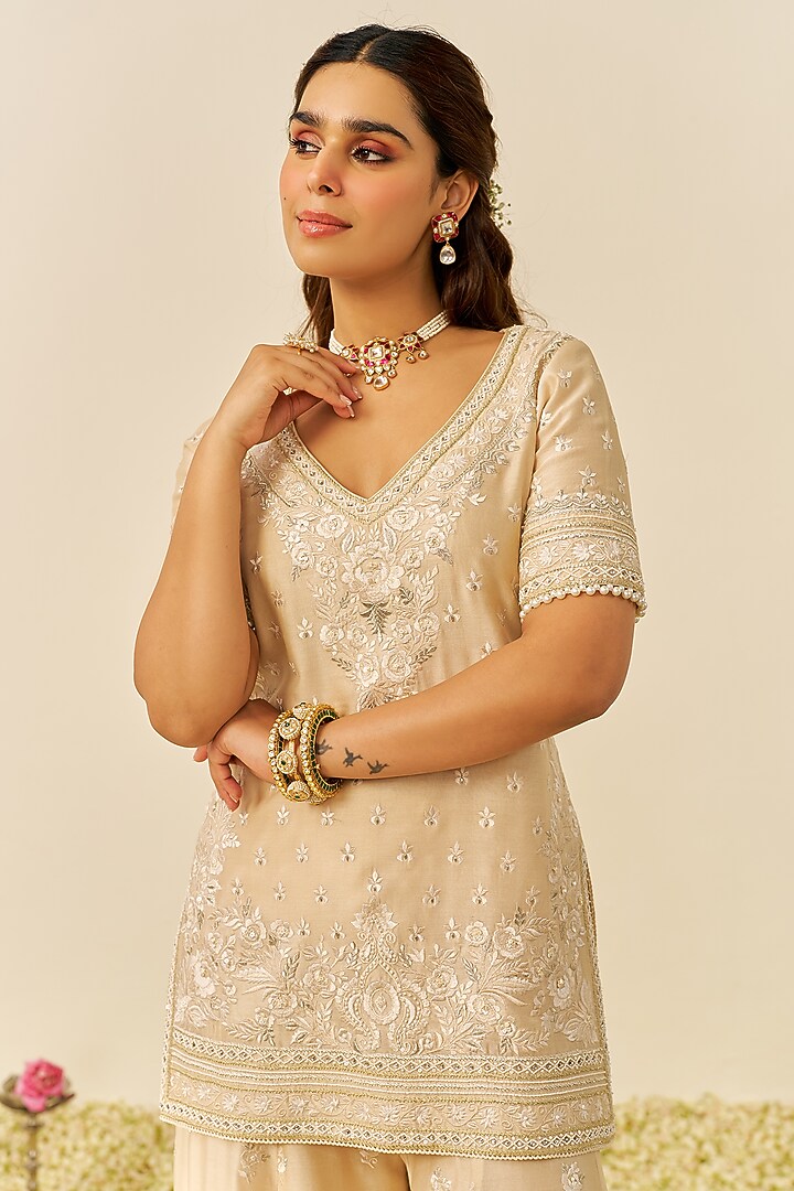 Beige Silk Chanderi Parsi Gara Embroidered Wedding Sharara Set by Sheetal Batra at Pernia's Pop Up Shop