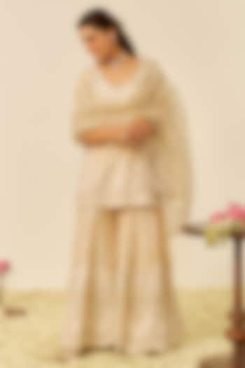 Beige Silk Chanderi Parsi Gara Embroidered Bridal Sharara Set by Sheetal Batra at Pernia's Pop Up Shop