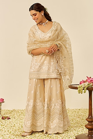Beige Silk Chanderi Parsi Gara Embroidered Sharara Set by Sheetal Batra