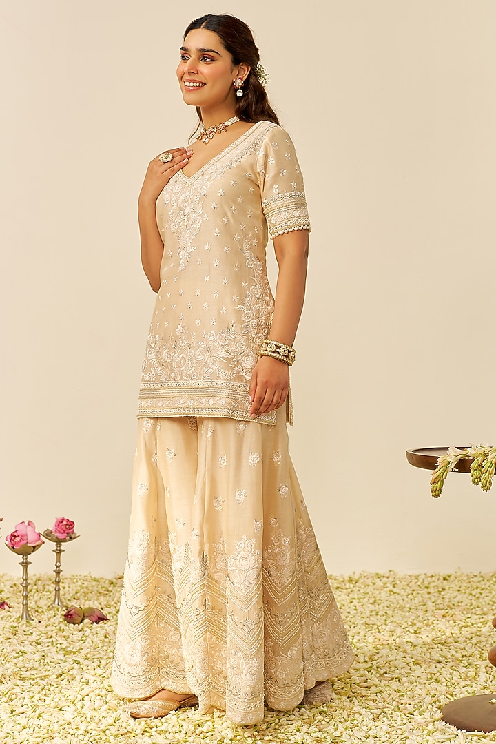 Beige Silk Chanderi Parsi Gara Embroidered Bridal Sharara Set by Sheetal Batra at Pernia's Pop Up Shop