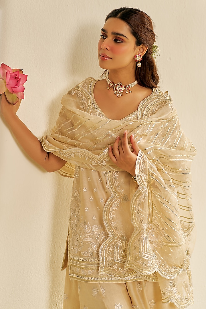 Beige Silk Chanderi Parsi Gara Embroidered Bridal Sharara Set by Sheetal Batra at Pernia's Pop Up Shop