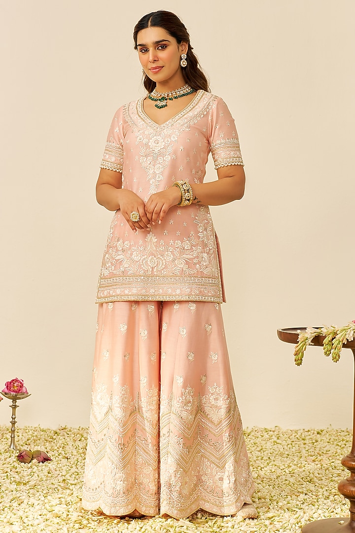 Off-Rose Silk Chanderi Parsi Gara Embroidered Wedding Sharara Set by Sheetal Batra at Pernia's Pop Up Shop