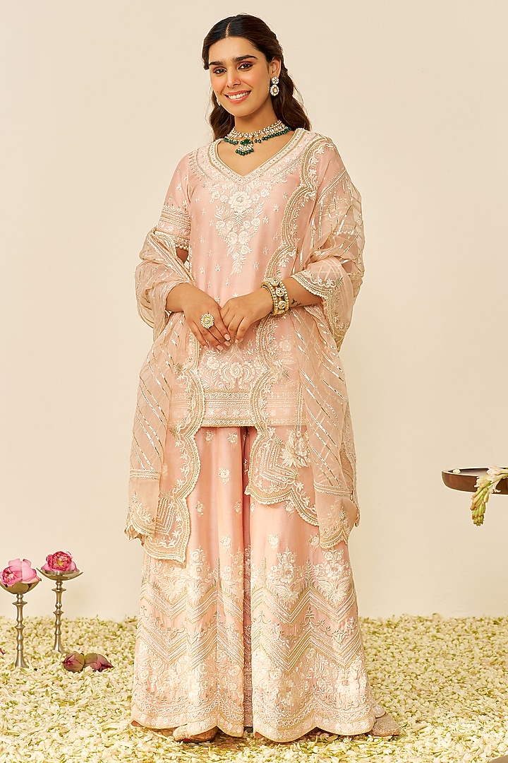 Off-Rose Silk Chanderi Parsi Gara Embroidered Bridal Sharara Set by Sheetal Batra at Pernia's Pop Up Shop