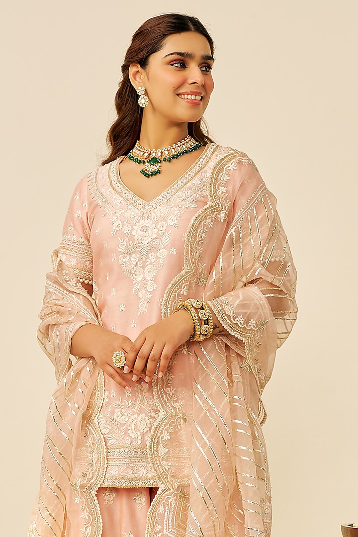 Off-Rose Silk Chanderi Parsi Gara Embroidered Bridal Sharara Set by Sheetal Batra at Pernia's Pop Up Shop