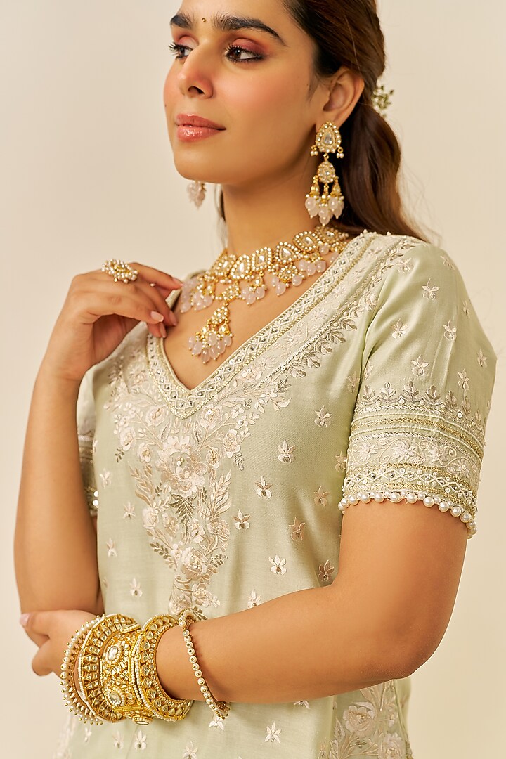Mint Green Silk Chanderi Parsi Gara Embroidered Wedding Sharara Set by Sheetal Batra at Pernia's Pop Up Shop