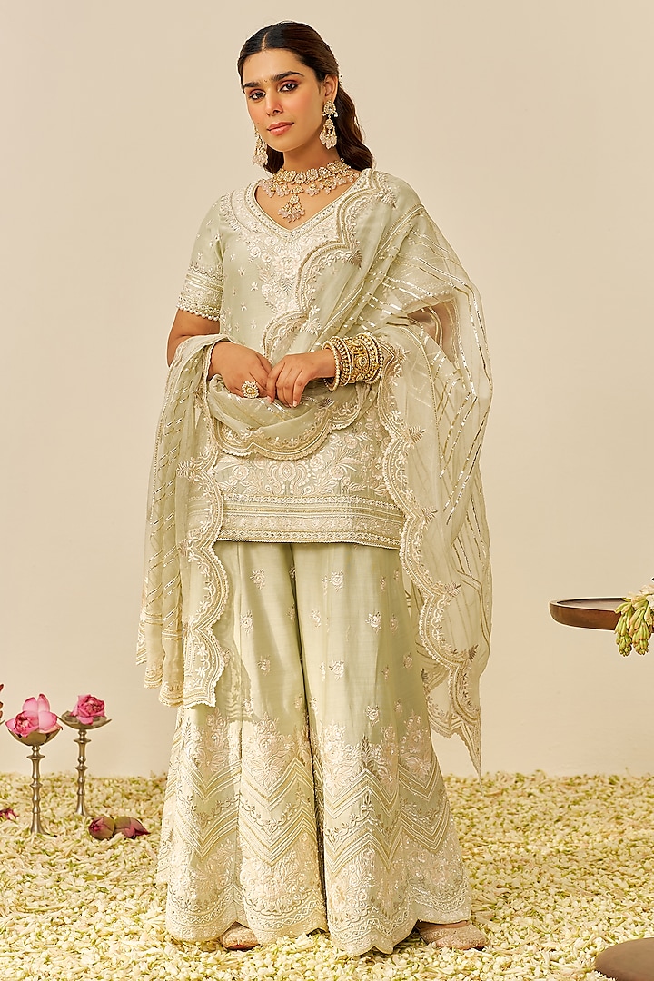 Mint Green Silk Chanderi Parsi Gara Embroidered Bridal Sharara Set by Sheetal Batra at Pernia's Pop Up Shop