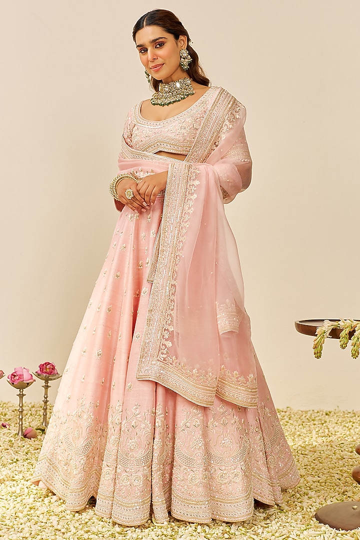 Blush Pink Raw Silk Kashmiri Tilla Embroidered Bridal Lehenga Set by Sheetal Batra at Pernia's Pop Up Shop