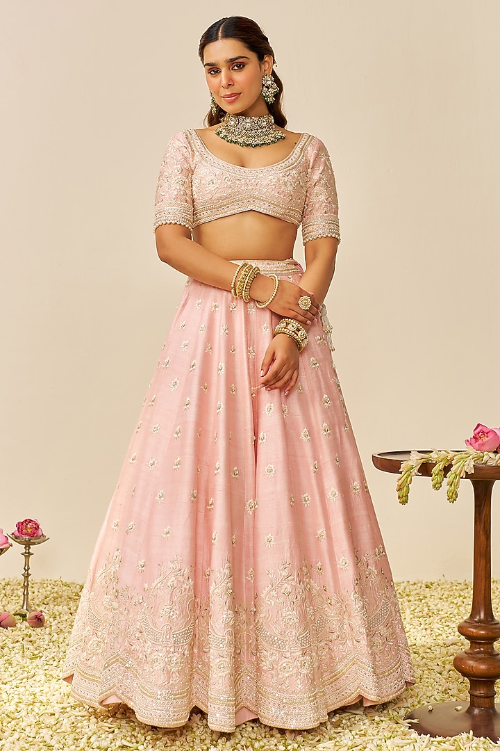 Blush Pink Raw Silk Kashmiri Tilla Embroidered Bridal Lehenga Set by Sheetal Batra at Pernia's Pop Up Shop