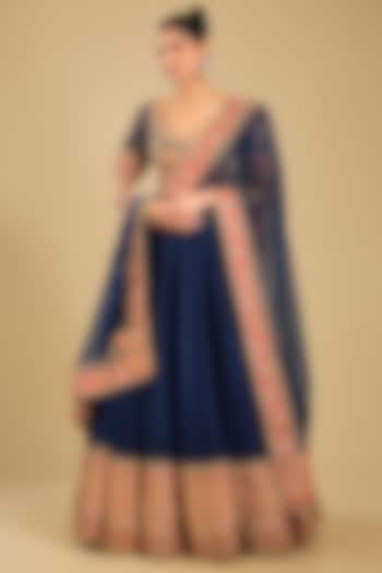 Deep Blue Pure Raw Silk Dori Embroidered Bridal Lehenga Set by Sheetal Batra at Pernia's Pop Up Shop